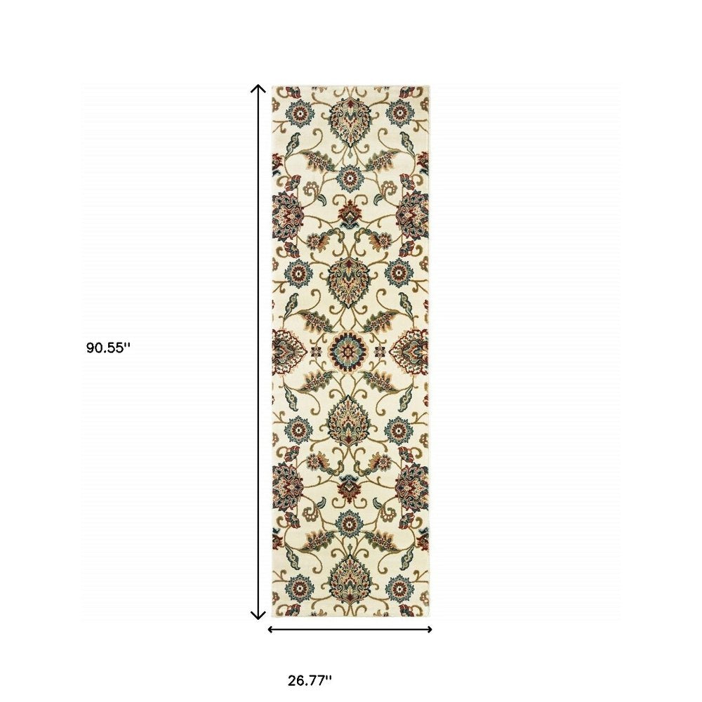 2' X 8' Ivory Floral Power Loom Stain Resistant Runner Rug