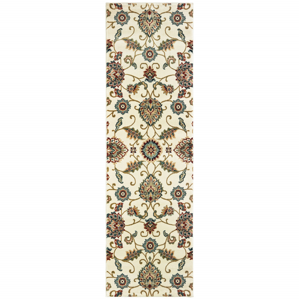 2' X 8' Ivory Floral Power Loom Stain Resistant Runner Rug