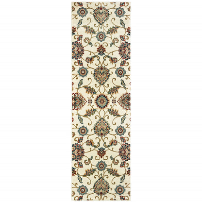 2' X 8' Ivory Floral Power Loom Stain Resistant Runner Rug