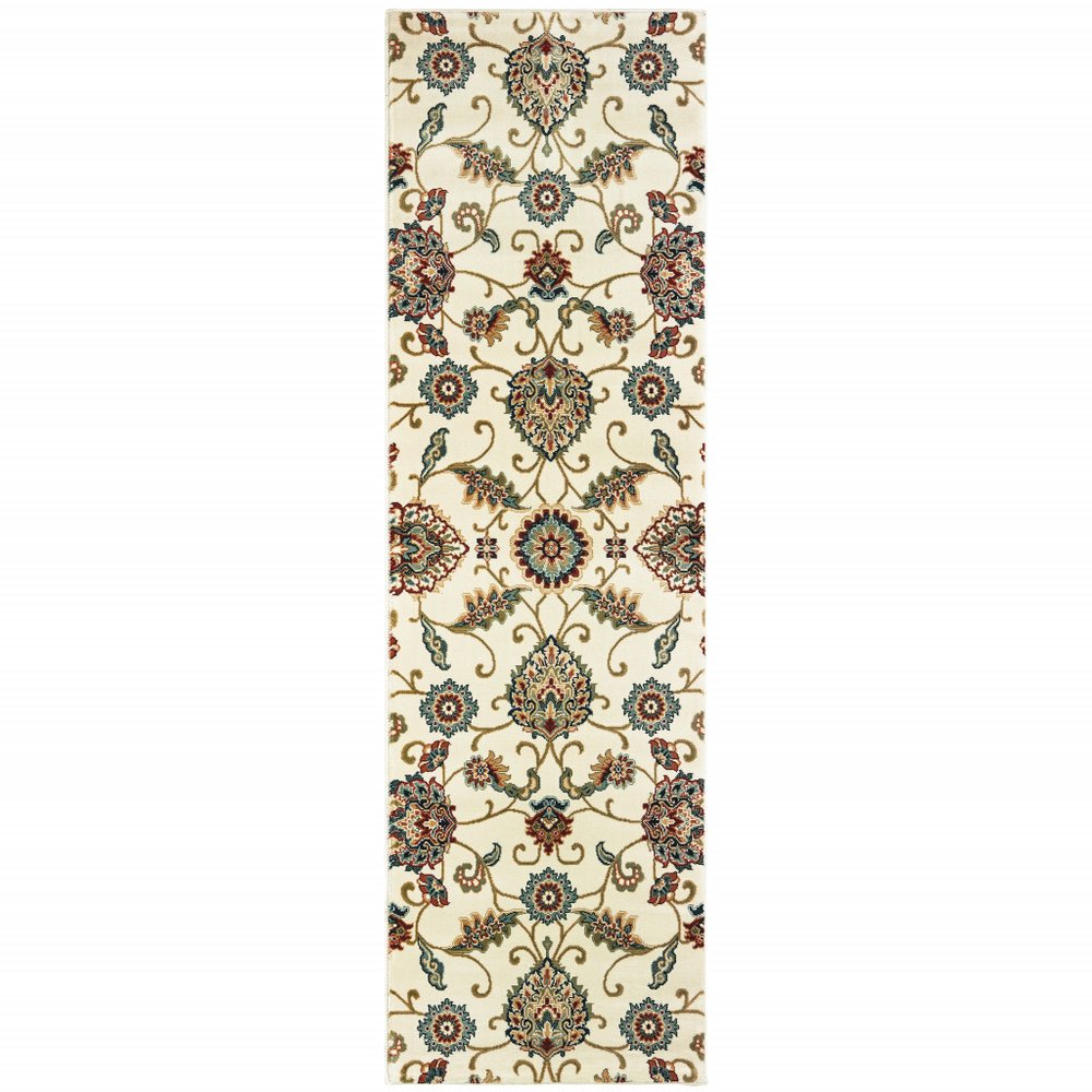 2' X 8' Ivory Floral Power Loom Stain Resistant Runner Rug