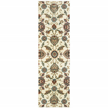 2' X 8' Ivory Floral Power Loom Stain Resistant Runner Rug
