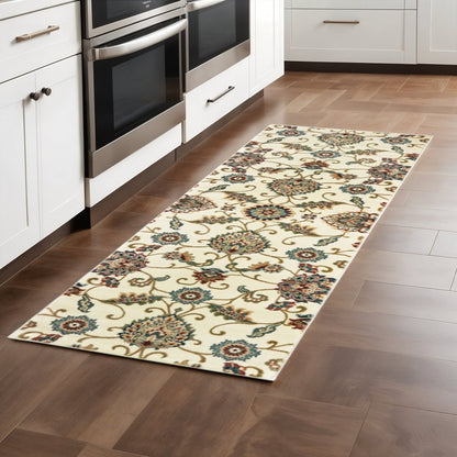 2' X 8' Ivory Floral Power Loom Stain Resistant Runner Rug