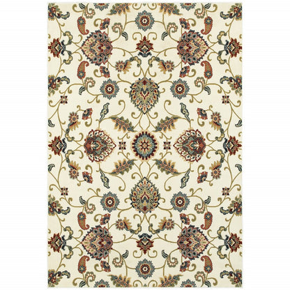 4' X 6' Ivory Green Blue Red Salmon And Yellow Floral Power Loom Stain Resistant Area Rug