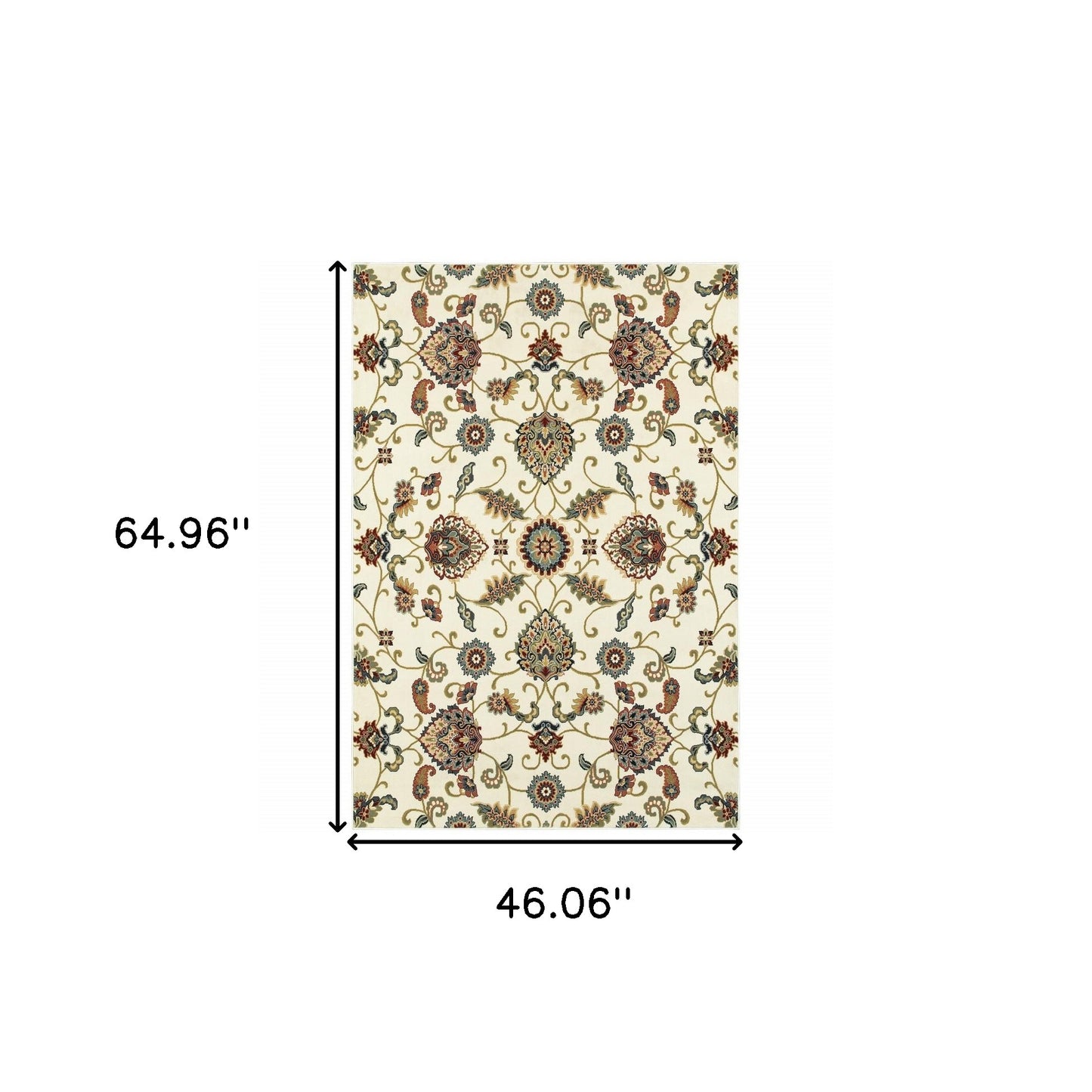 4' X 6' Ivory Green Blue Red Salmon And Yellow Floral Power Loom Stain Resistant Area Rug