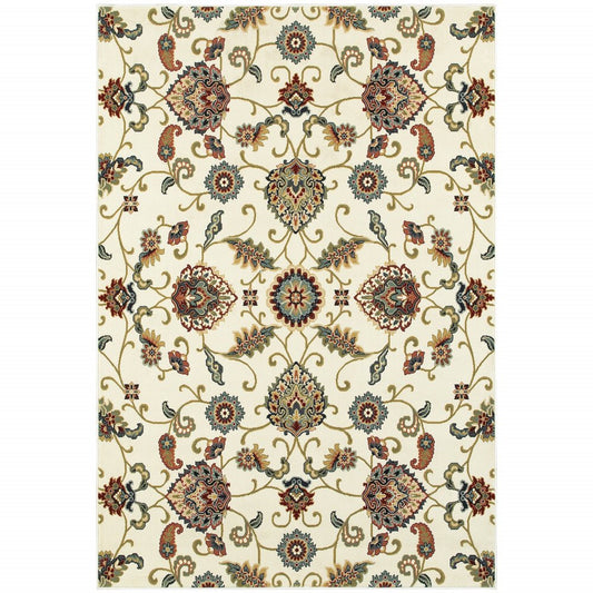 6' X 9' Ivory Green Blue Red Salmon And Yellow Floral Power Loom Stain Resistant Area Rug