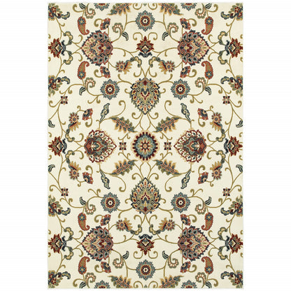 8' X 11' Ivory Green Blue Red Salmon And Yellow Floral Power Loom Stain Resistant Area Rug