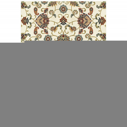 10' X 13' Ivory Green Blue Red Salmon And Yellow Floral Power Loom Stain Resistant Area Rug