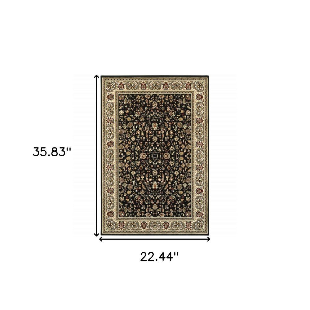 2' X 4' Black And Ivory Oriental Power Loom Stain Resistant Area Rug