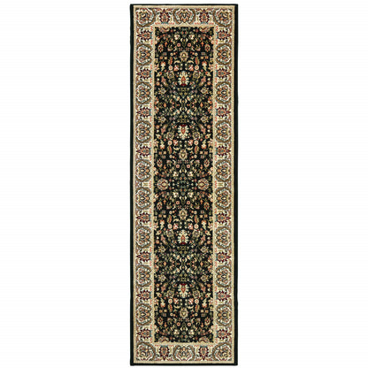 2' X 8' Black And Ivory Oriental Power Loom Stain Resistant Runner Rug