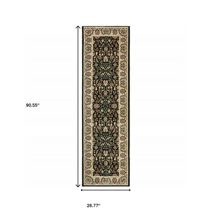 2' X 8' Black And Ivory Oriental Power Loom Stain Resistant Runner Rug