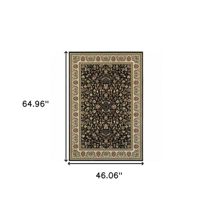 4' X 6' Black And Ivory Oriental Power Loom Stain Resistant Area Rug