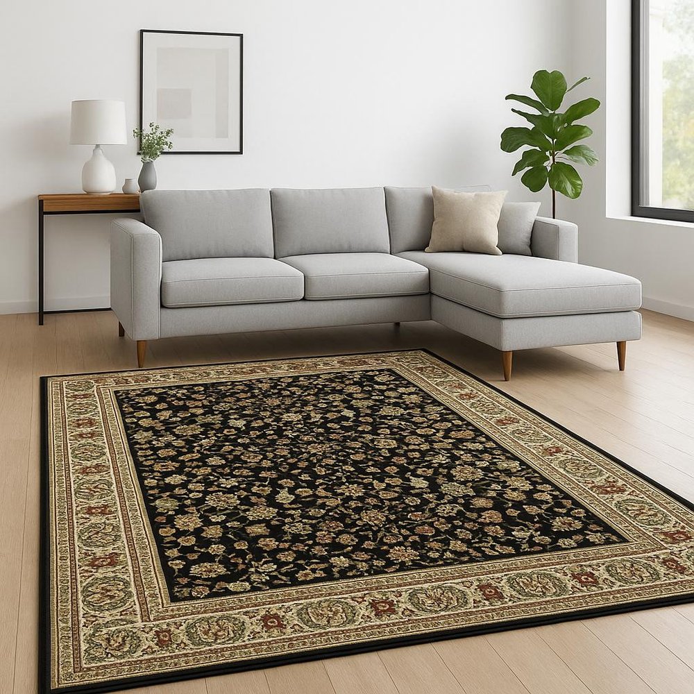 8' X 11' Black And Ivory Oriental Power Loom Stain Resistant Area Rug