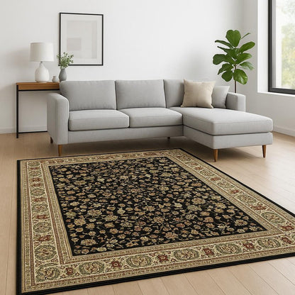 8' X 11' Black And Ivory Oriental Power Loom Stain Resistant Area Rug