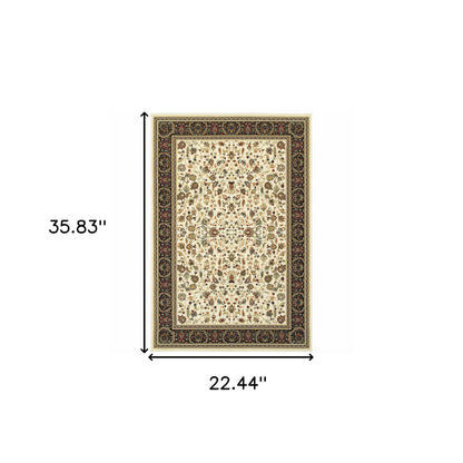 2' X 4' Ivory And Black Oriental Power Loom Stain Resistant Area Rug