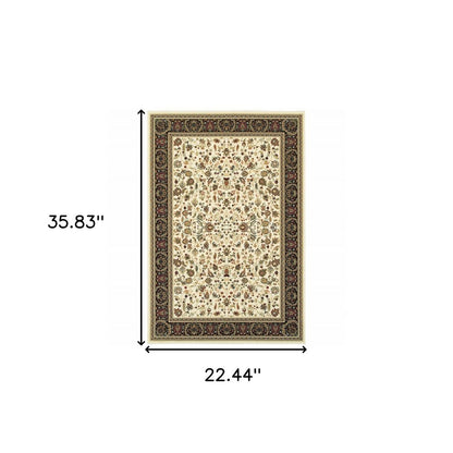 2' X 4' Ivory And Black Oriental Power Loom Stain Resistant Area Rug