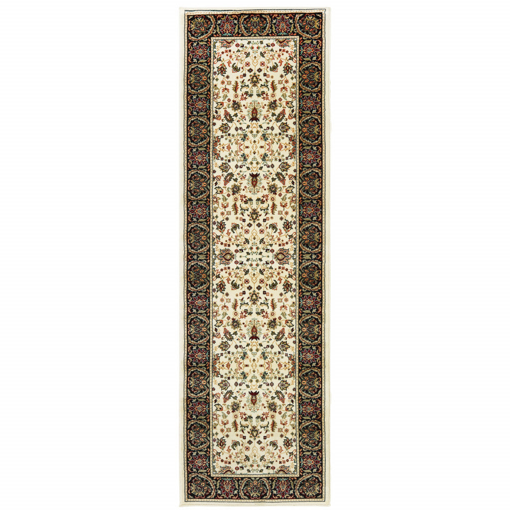 2' X 8' Ivory And Black Oriental Power Loom Stain Resistant Runner Rug