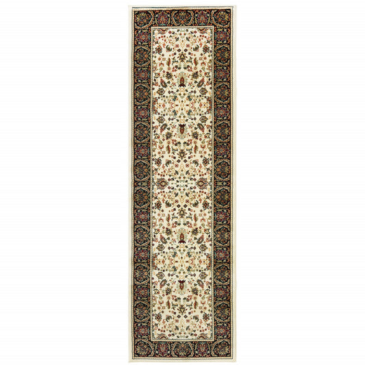 2' X 8' Ivory And Black Oriental Power Loom Stain Resistant Runner Rug