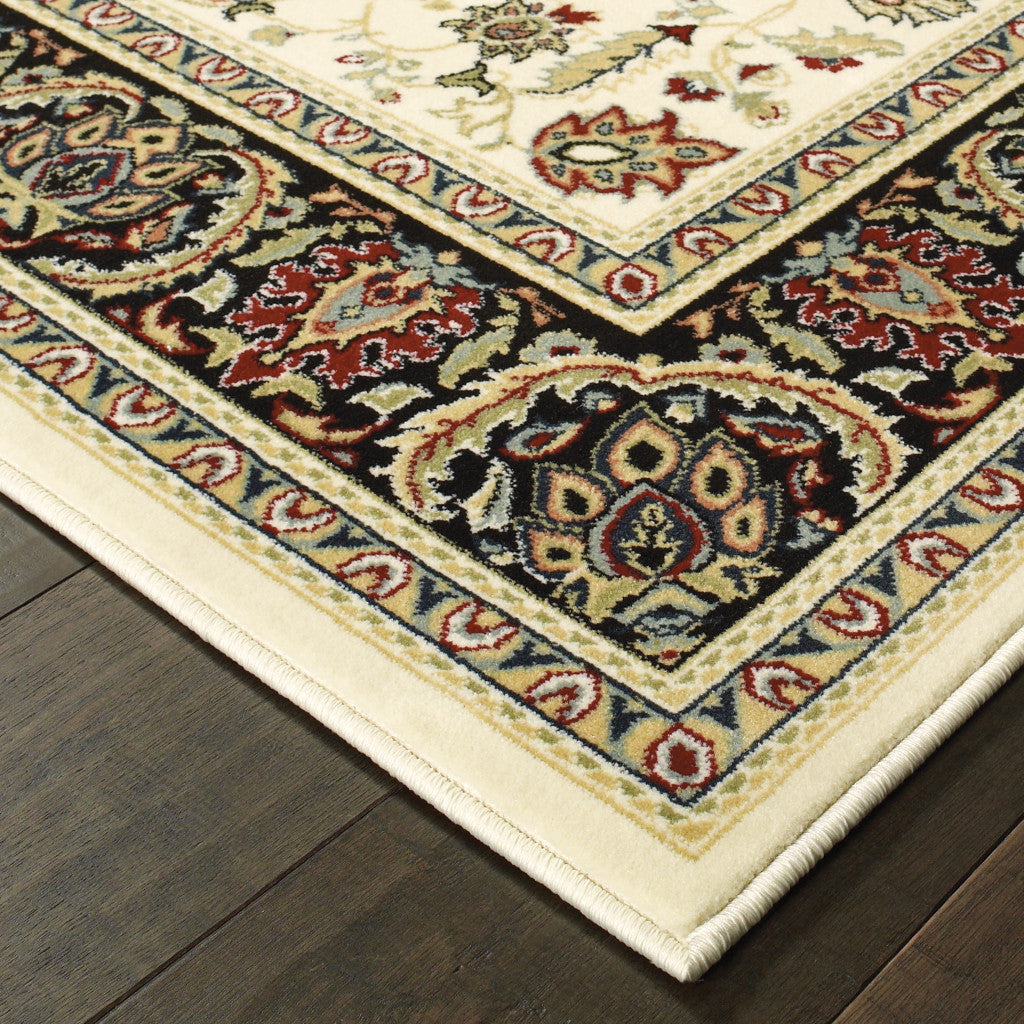 2' X 8' Ivory And Black Oriental Power Loom Stain Resistant Runner Rug