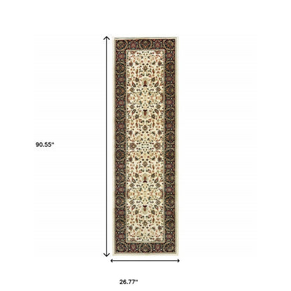 2' X 8' Ivory And Black Oriental Power Loom Stain Resistant Runner Rug