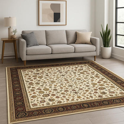 5' X 8' Ivory And Black Oriental Power Loom Stain Resistant Area Rug