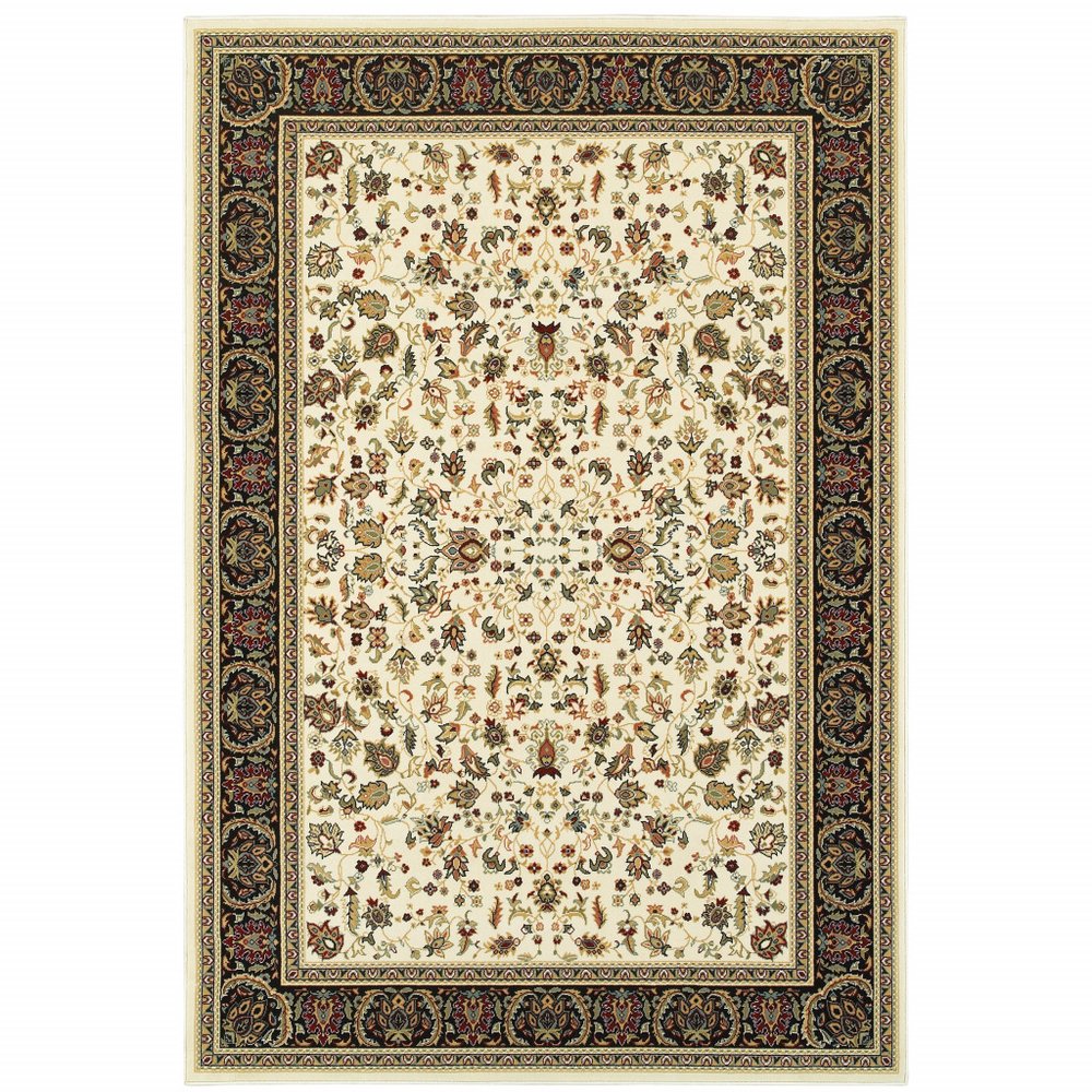 8' X 11' Ivory And Black Oriental Power Loom Stain Resistant Area Rug