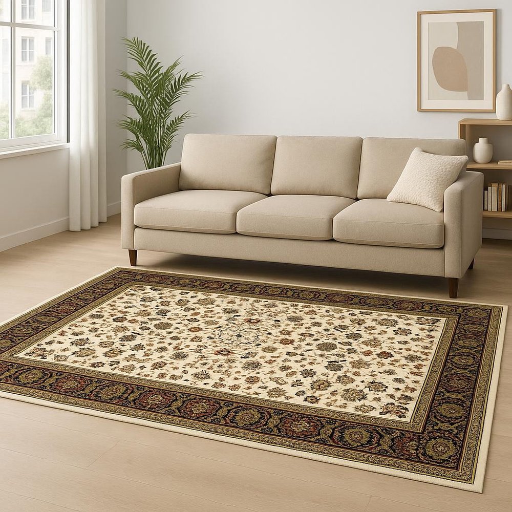 8' X 11' Ivory And Black Oriental Power Loom Stain Resistant Area Rug