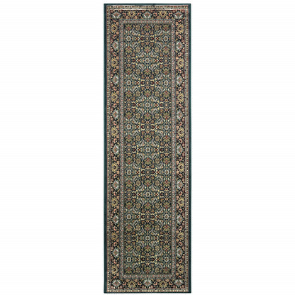 2' X 8' Navy Blue Green Red Ivory And Yellow Oriental Power Loom Stain Resistant Runner Rug