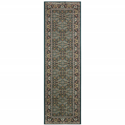 8' Navy Blue Green And Orange Oriental Runner Rug