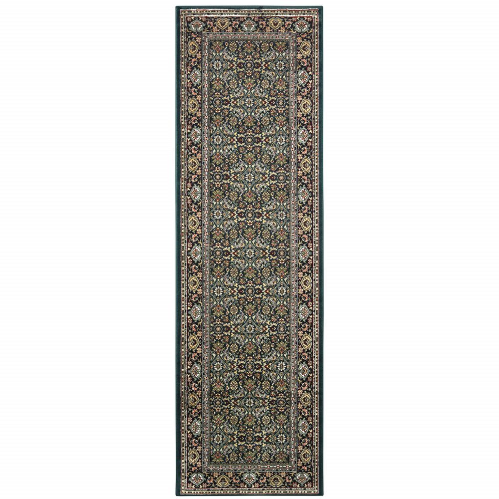8' Navy Blue Green And Orange Oriental Runner Rug