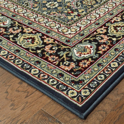 8' Navy Blue Green And Orange Oriental Runner Rug