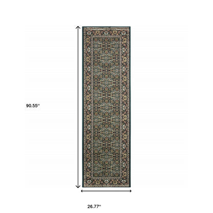 2' X 8' Navy Blue Green Red Ivory And Yellow Oriental Power Loom Stain Resistant Runner Rug