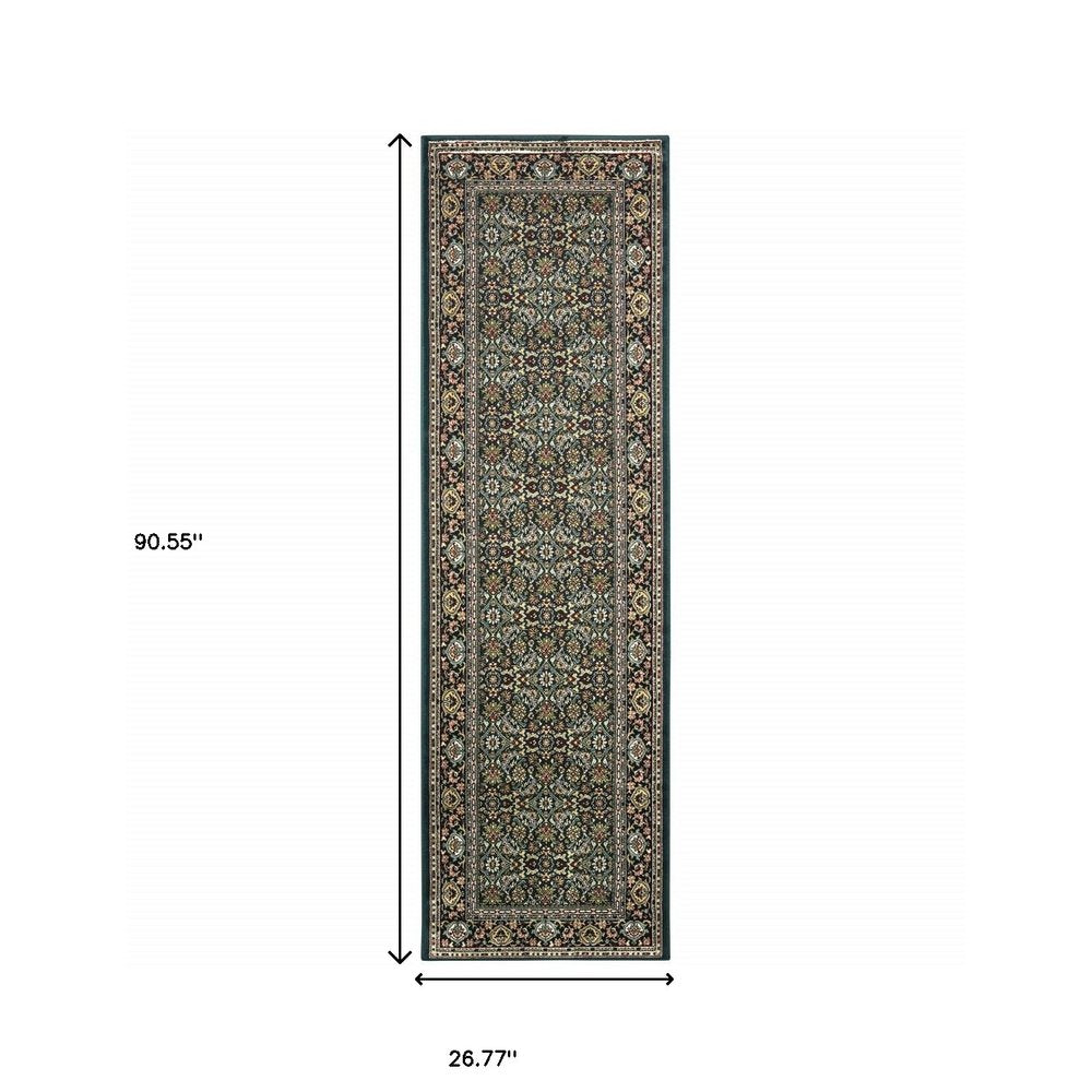 8' Navy Blue Green And Orange Oriental Runner Rug