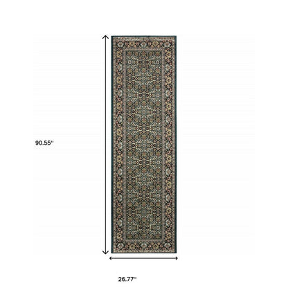 8' Navy Blue Green And Orange Oriental Runner Rug
