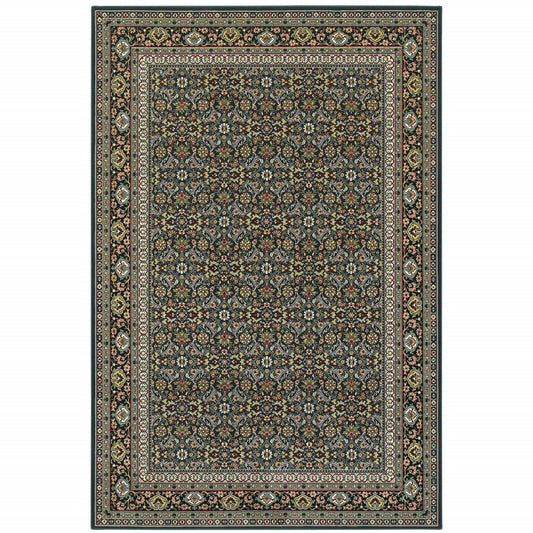 5' X 8' Navy Blue Green Red Ivory And Yellow Oriental Power Loom Stain Resistant Area Rug