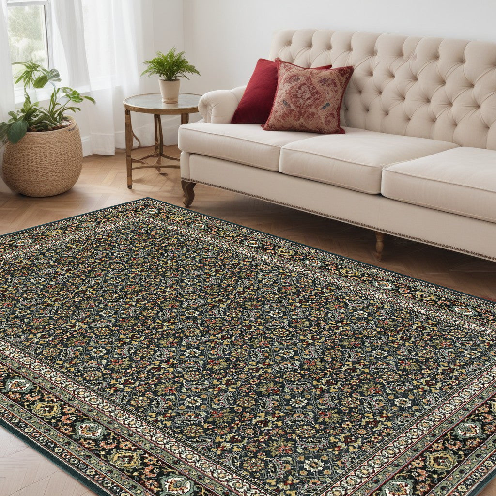 5' X 8' Navy Blue Green Red Ivory And Yellow Oriental Power Loom Stain Resistant Area Rug