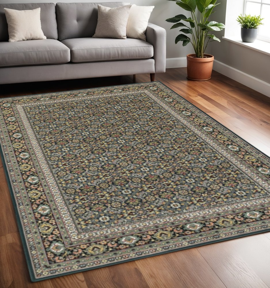 5' X 8' Navy Blue Green Red Ivory And Yellow Oriental Power Loom Stain Resistant Area Rug