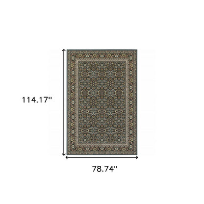 6' X 9' Navy Blue Green Red Ivory And Yellow Oriental Power Loom Stain Resistant Area Rug