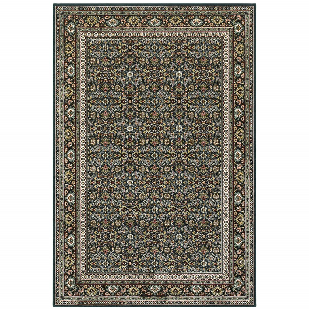 8' X 11' Navy Blue Green Red Ivory And Yellow Oriental Power Loom Stain Resistant Area Rug
