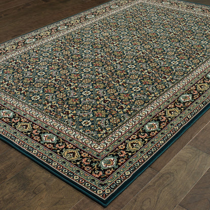 10' X 13' Navy Blue Green Red Ivory And Yellow Oriental Power Loom Stain Resistant Area Rug