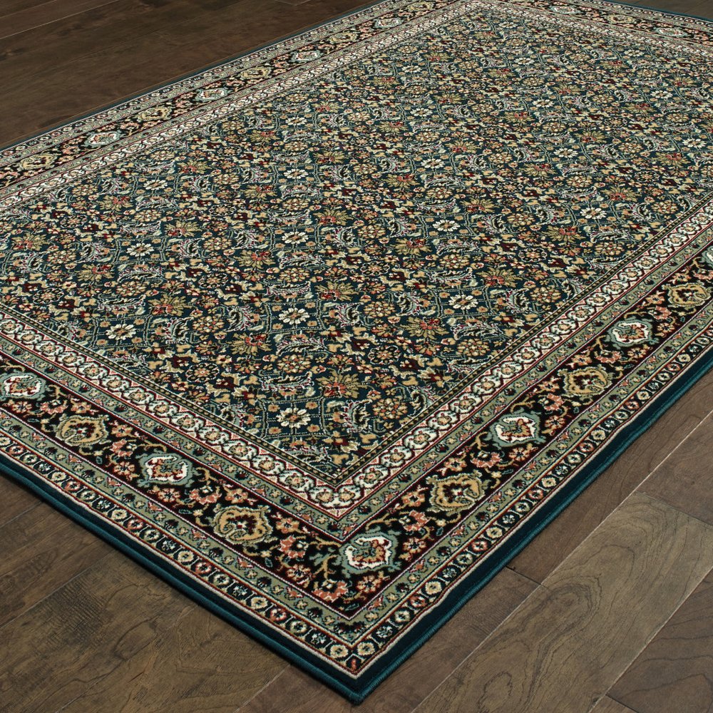 10' X 13' Navy Blue Green And Orange Oriental Area Rug