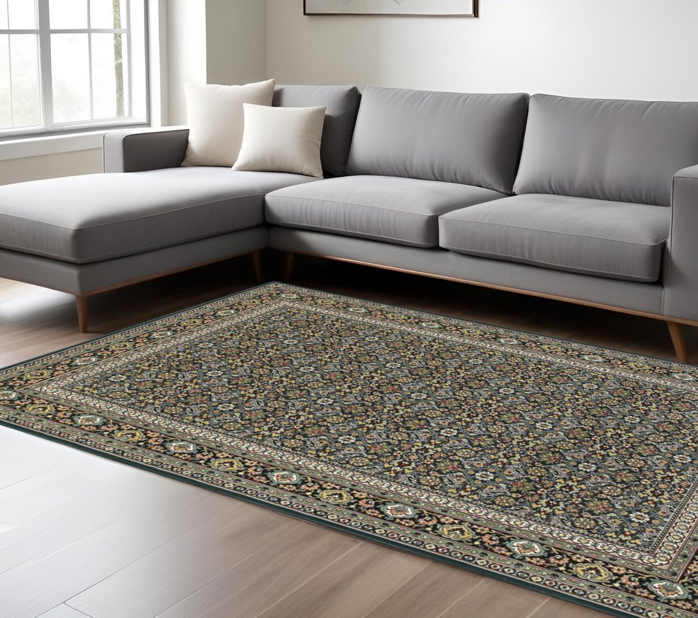 10' X 13' Navy Blue Green And Orange Oriental Area Rug