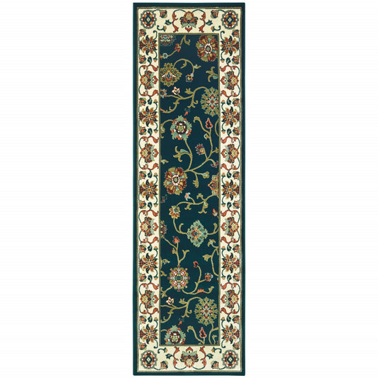 2' X 8' Navy And Ivory Oriental Power Loom Stain Resistant Runner Rug