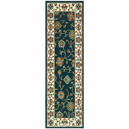 2' X 8' Navy And Ivory Oriental Power Loom Stain Resistant Runner Rug