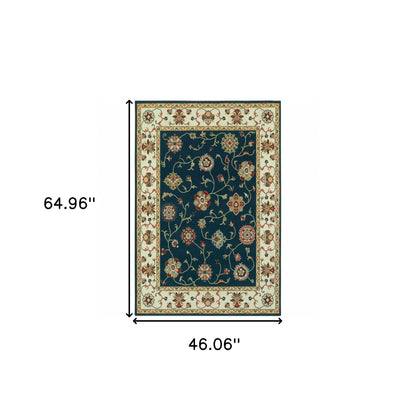 4' X 6' Navy And Ivory Oriental Power Loom Stain Resistant Area Rug