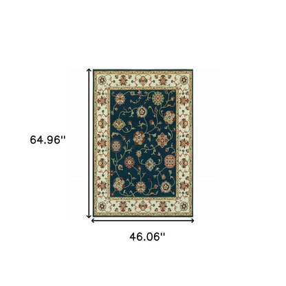 4' X 6' Navy And Ivory Oriental Power Loom Stain Resistant Area Rug