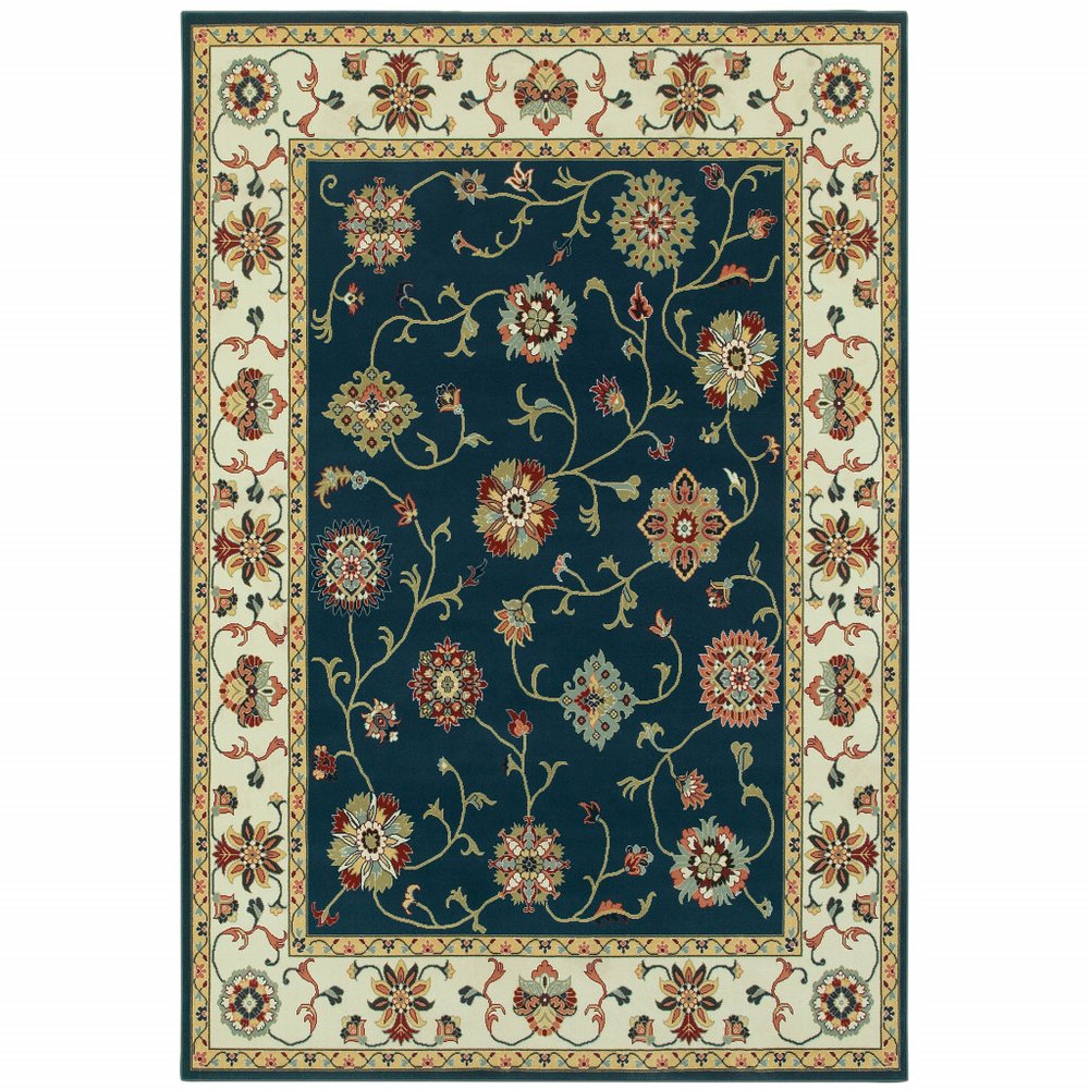5' X 8' Navy And Ivory Oriental Power Loom Stain Resistant Area Rug