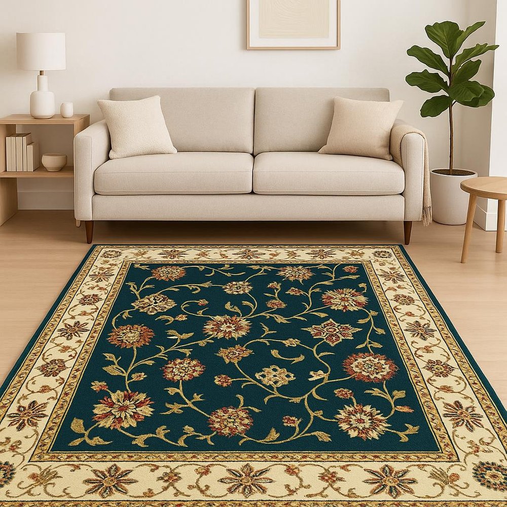 5' X 8' Navy And Ivory Oriental Power Loom Stain Resistant Area Rug