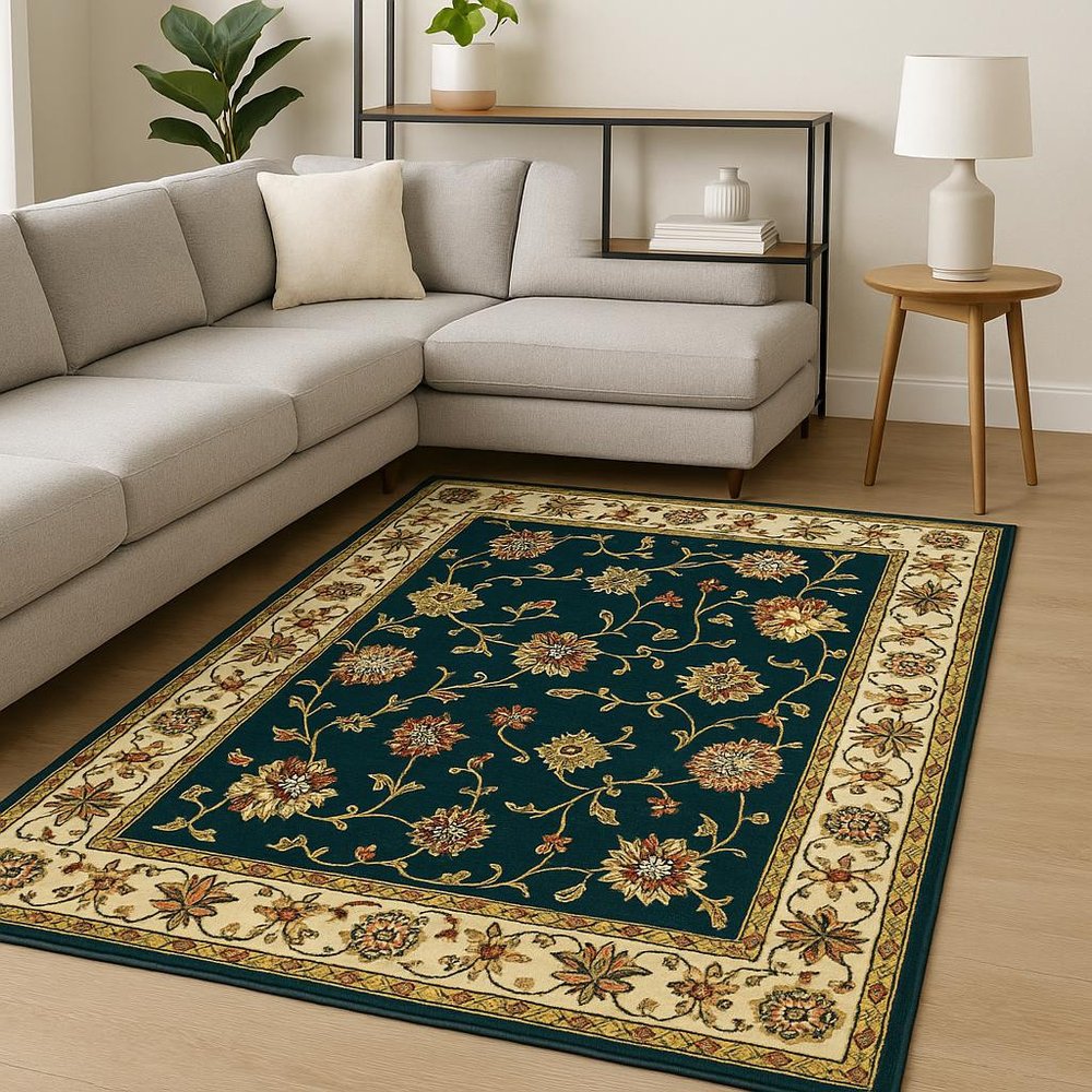 6' X 9' Navy And Ivory Oriental Power Loom Stain Resistant Area Rug