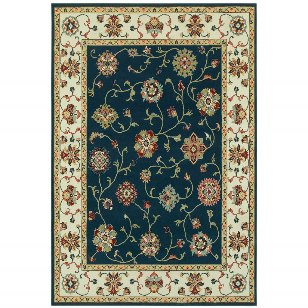 8' X 11' Navy And Ivory Oriental Power Loom Stain Resistant Area Rug