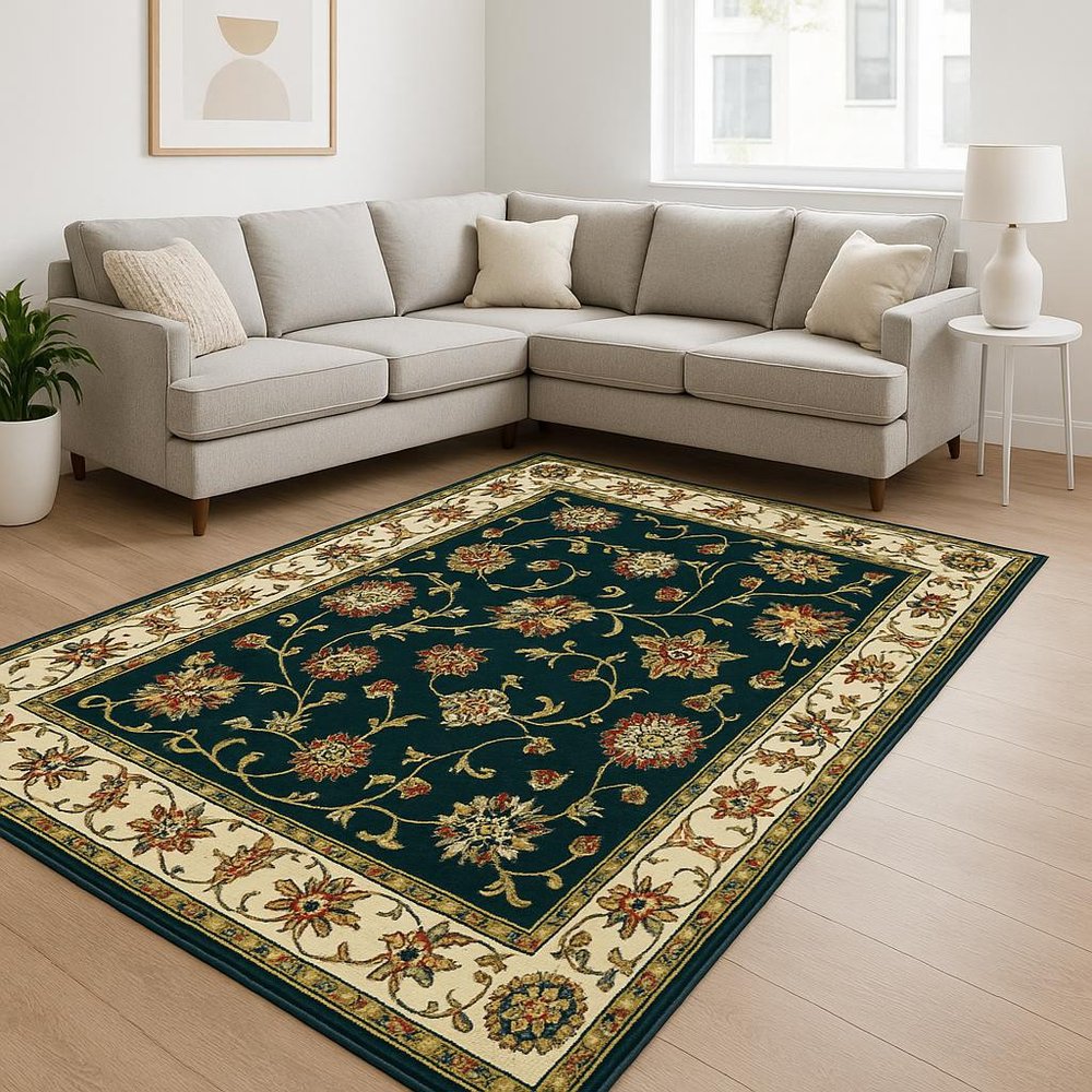 8' X 11' Navy And Ivory Oriental Power Loom Stain Resistant Area Rug